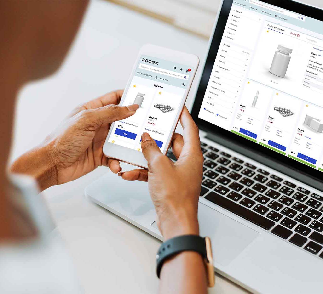 ApoEx privatvård kund använder beställningsportalen på dator och telefon